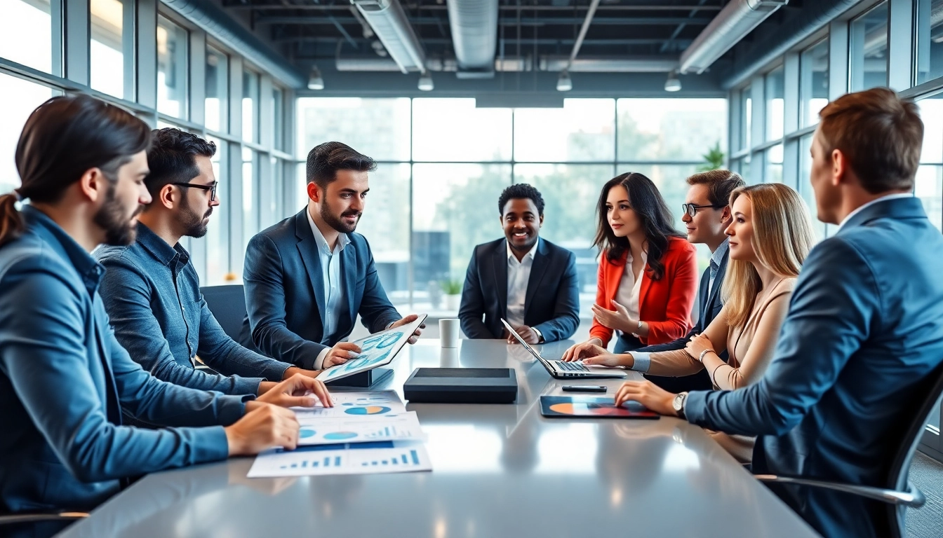 Engaged professionals discussing B2B competitive intelligence during a strategy meeting.