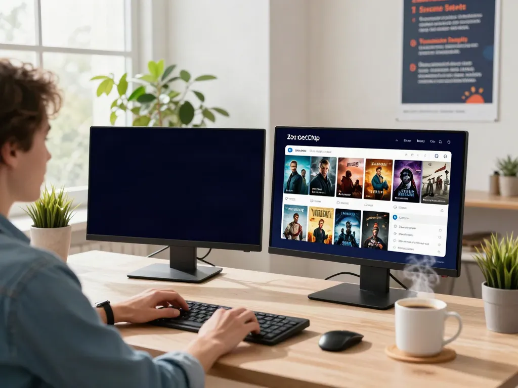 Engaging workspace displaying ZoeChip streaming interface on monitors, creating a cozy atmosphere for tech enthusiasts.