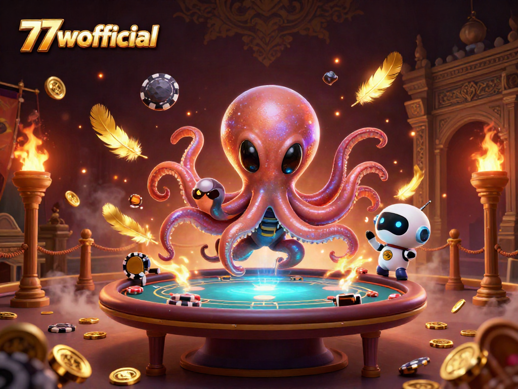77wofficial features a cartoon octopus playing poker with a robot in a vibrant casino