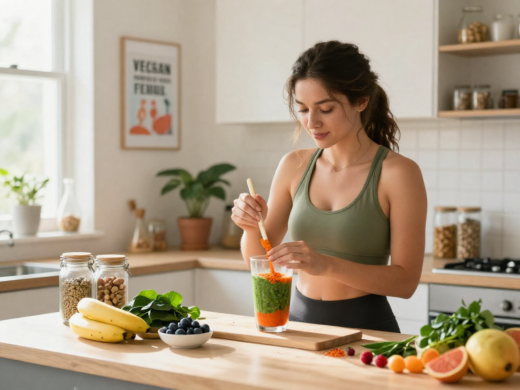 Healthy kitchen scene with a young woman using vegan astaxanthin powder in a smoothie.