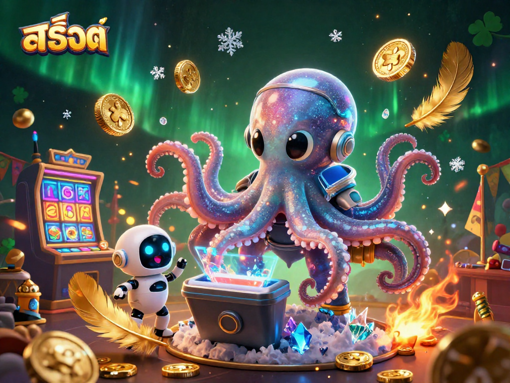 Experience thrilling สล็อต action with an alien octopus and robot at a vibrant casino