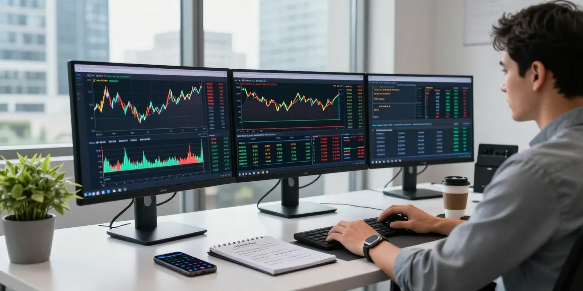 Trader analyzing markets on MetaTrader 5 in a modern office setting with multiple screens and trading tools.