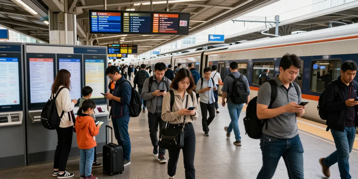 Savvy commuters seeking real-time updates on train strikes in a bustling train station.