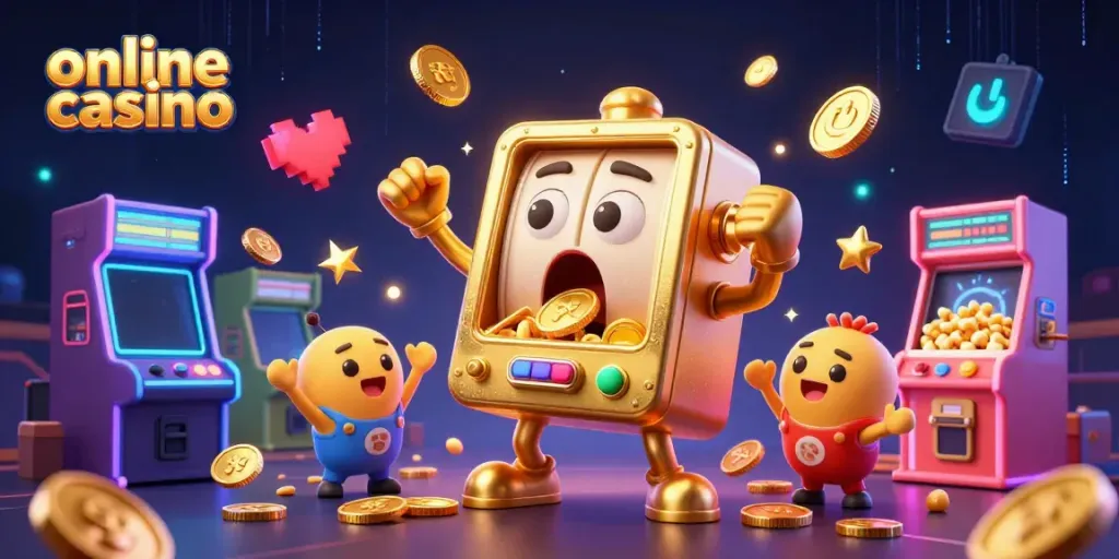 Watch a golden slot machine celebrating a jackpot in an energetic online casino scene.