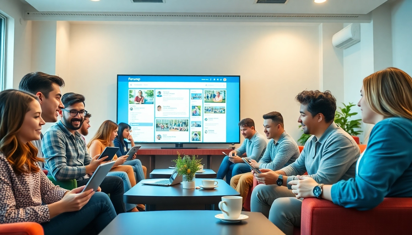 A dynamic gathering at https://forumup.org/ showcasing diverse individuals engaging in online discussions, illuminated by soft natural light.