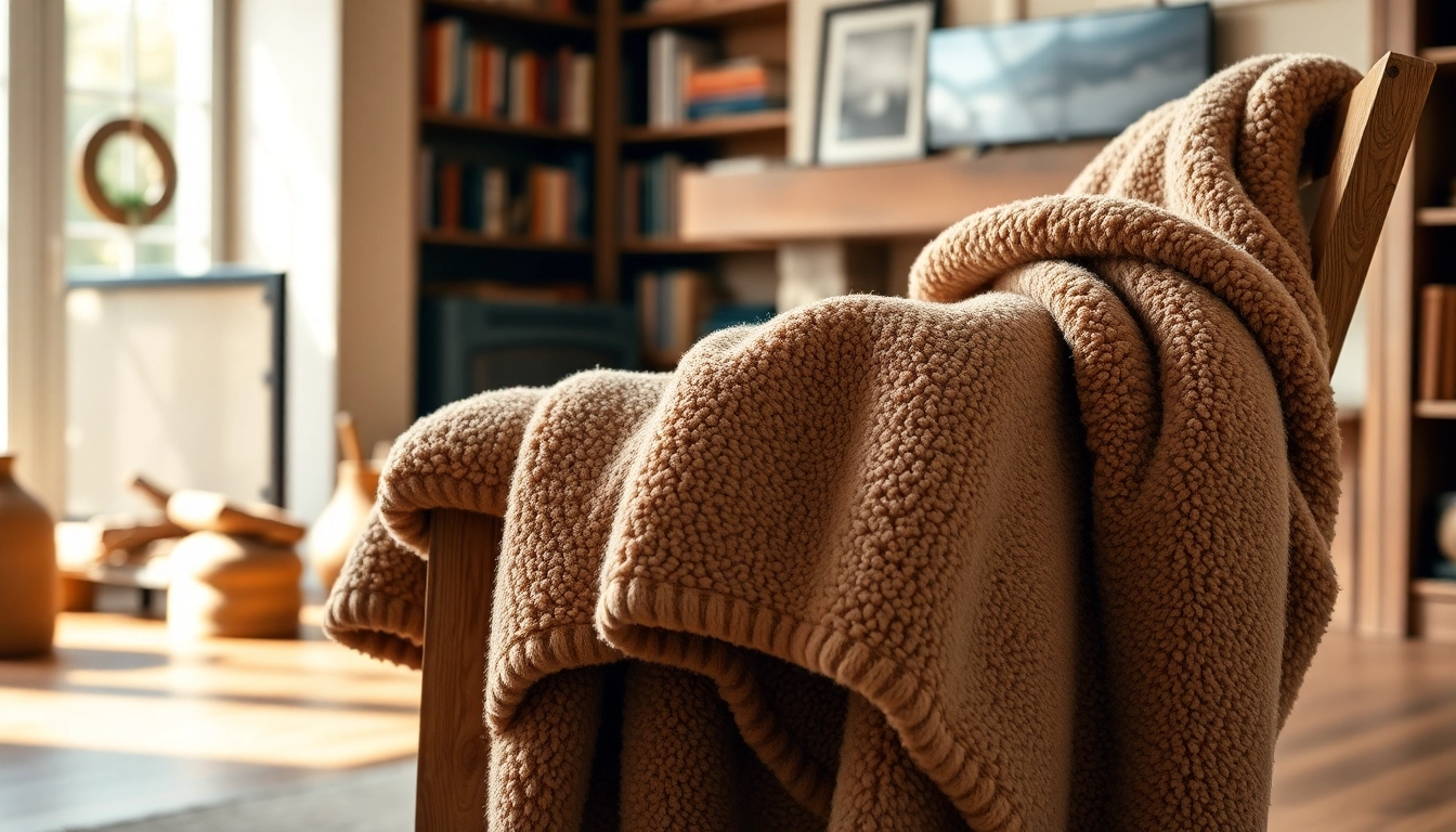 Fleece deken mooi opgesteld op een houten stoel in een knusse woonkamer.