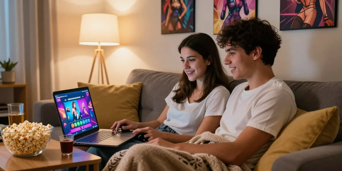 Couple enjoying free porn games together on a cozy couch with snacks.
