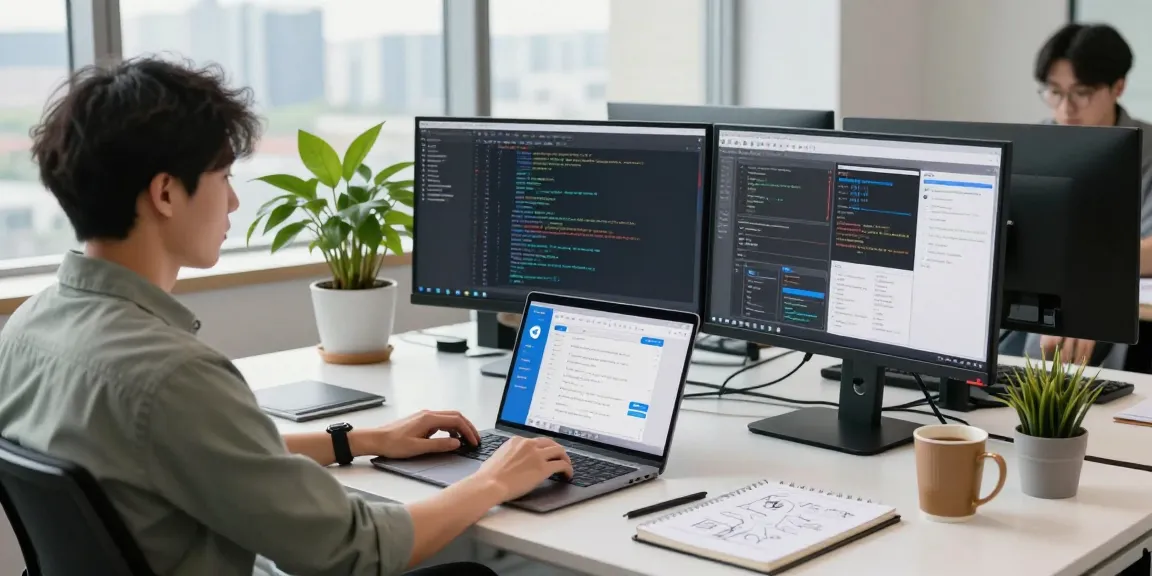 Developer using the Telegram app 纸飞机中文版 in a modern office setting, showcasing a collaborative tech environment.