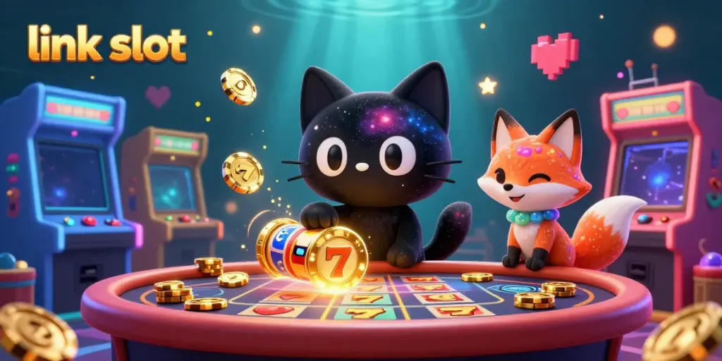 Permainan link slot yang menarik dengan gambar kucing dan rubah di kasino luar angkasa.