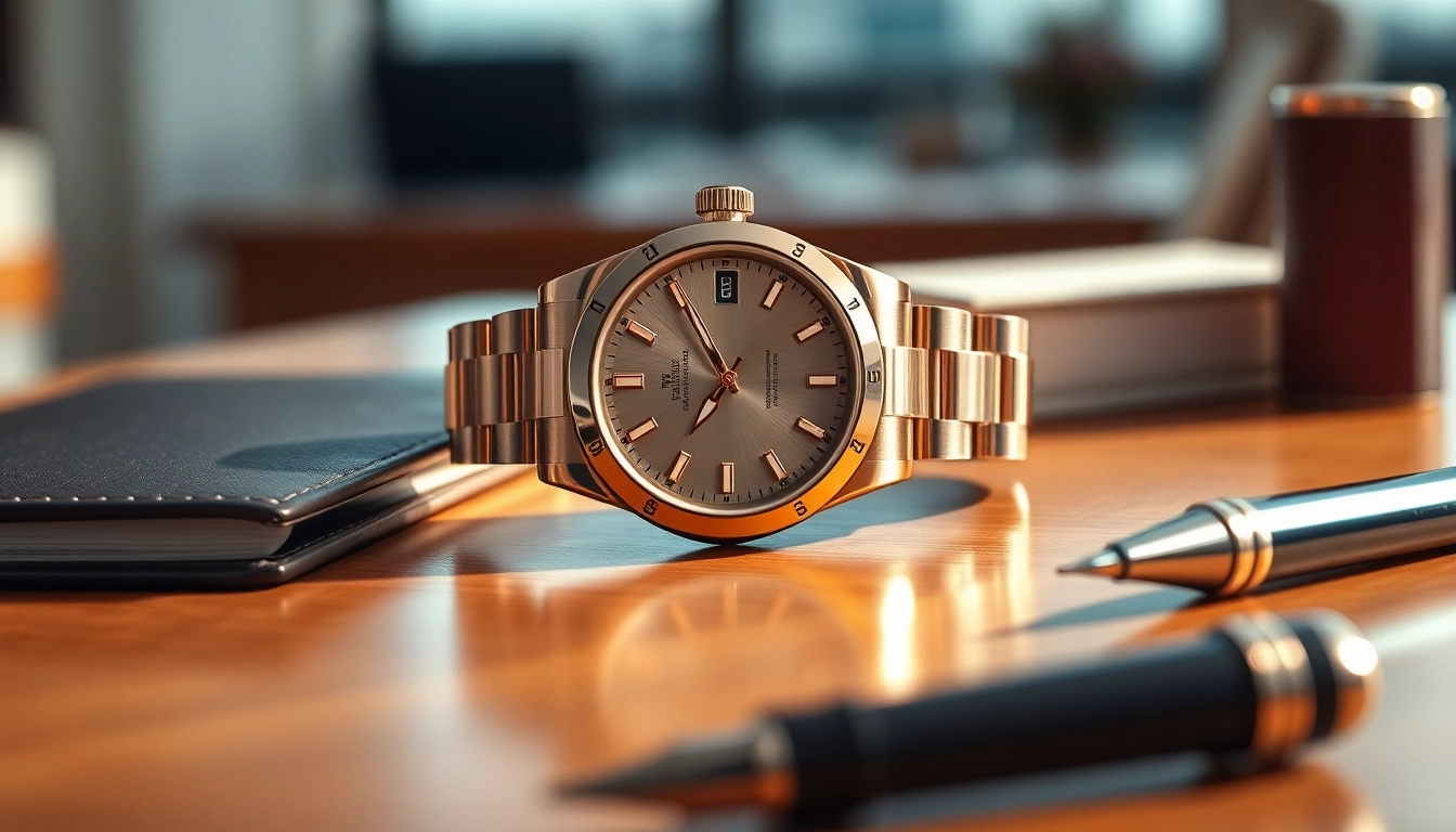 Showcasing a quality rolex replica in luxury office setting, highlighting its craftsmanship and elegance.