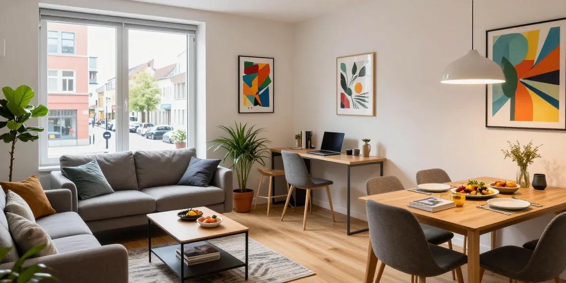Bequeme Monteurzimmer Hannover für Geschäftsreisende mit einem gemütlichen Wohnbereich und Arbeitsplatz.