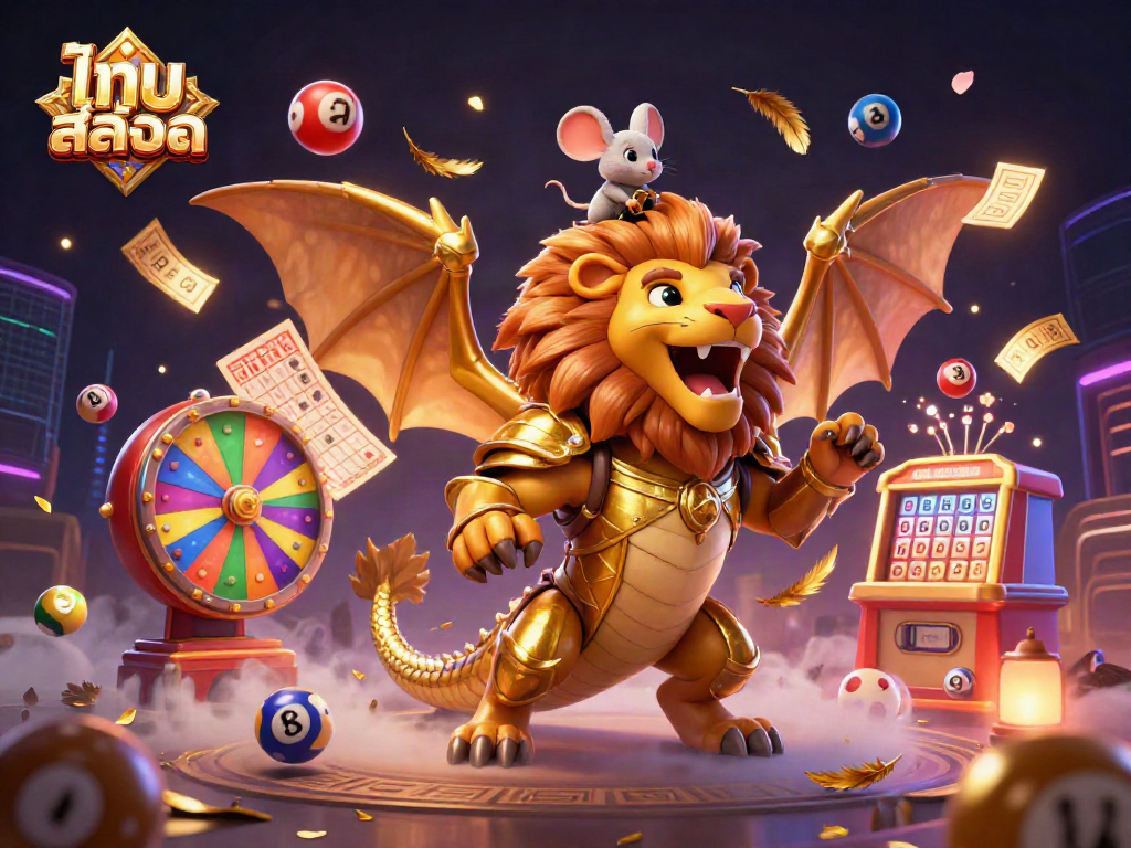 Engage with ไทย สล็อต in a vibrant 3D scene featuring a chimera and lottery elements for a dynamic gaming experience.