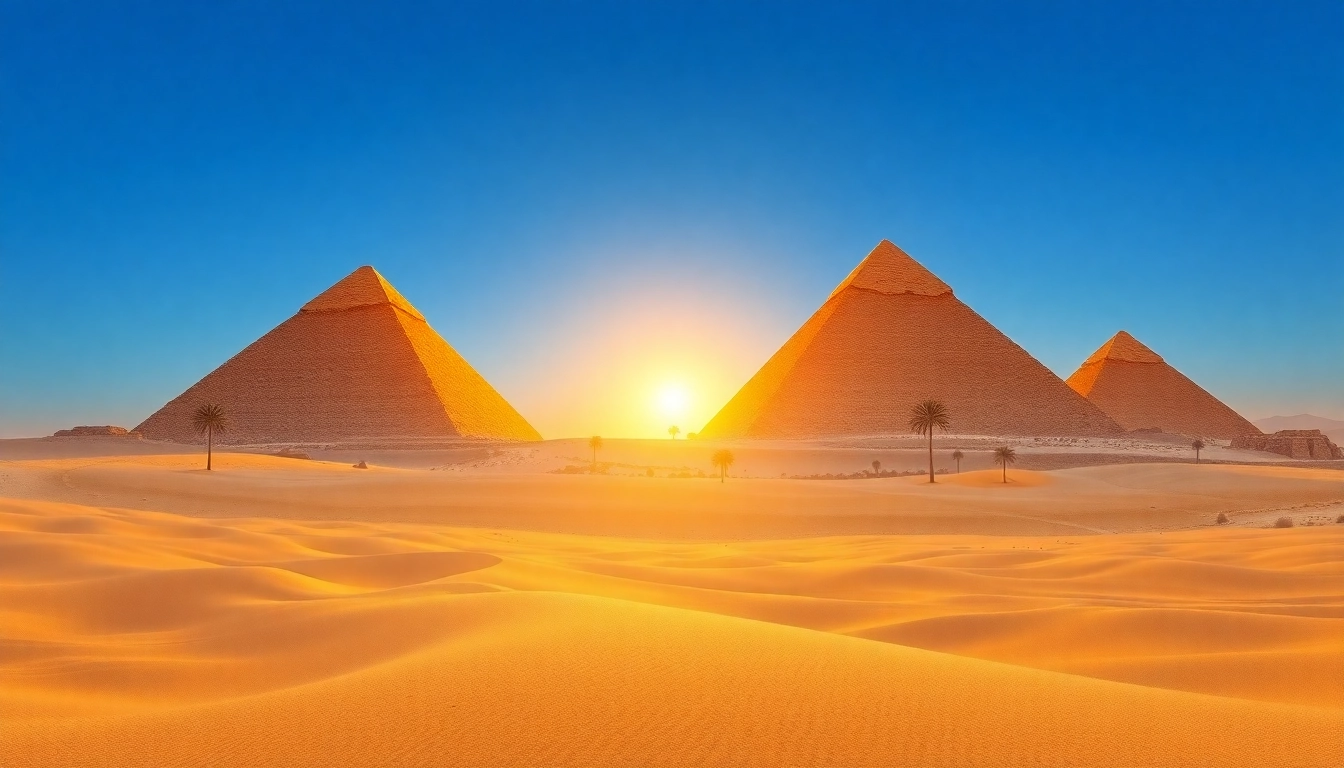 A breathtaking view of piraminds at sunrise, showcasing their monumental presence against a golden sky.
