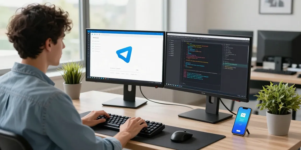 Explore the Telegram interface on dual monitors in a modern workspace, emphasizing the 纸飞机中文版 features for effective communication.