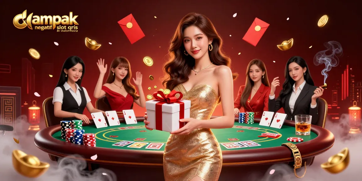 Experience the dampak negatif slot qris di indonesia with vibrant casino elements and rich 3D illustration featuring a glamorous Asian woman amidst poker gameplay.