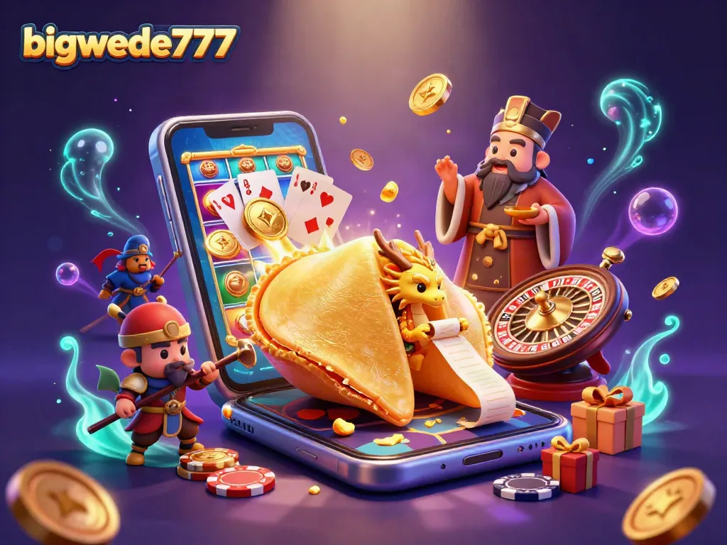 Experience bigwede777 in a vibrant 3D casino scene with golden fortune cookie and gaming elements.