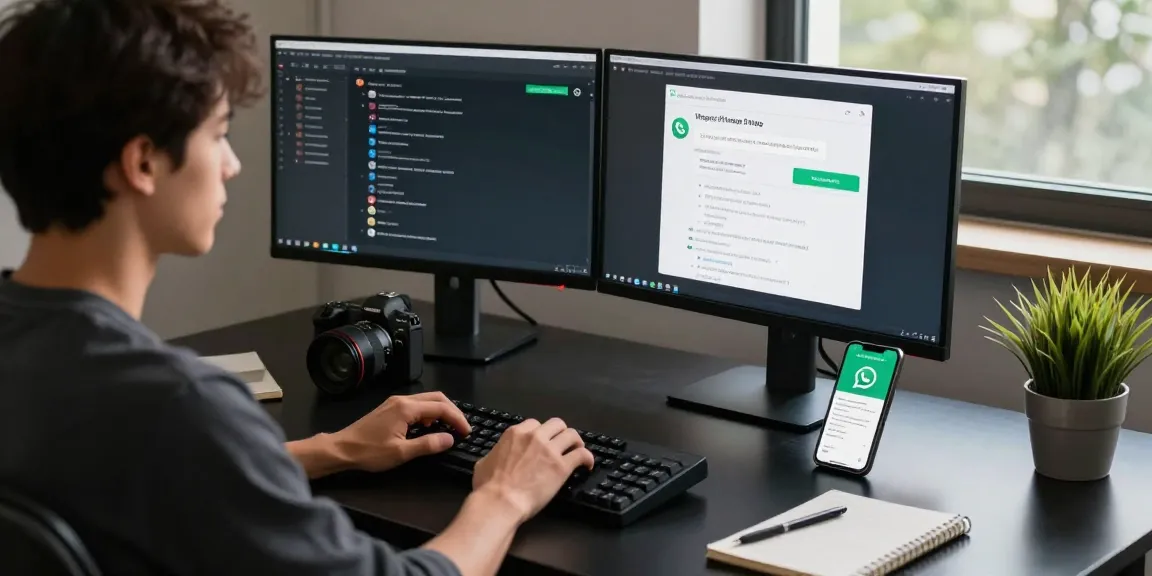 Engaged user managing WhatsApp電腦版 on dual monitors in a modern workspace