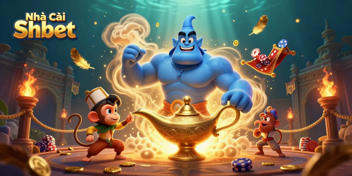 Engage with Nhà cái Shbet's vibrant 3D casino magic featuring a genie and poker chips.