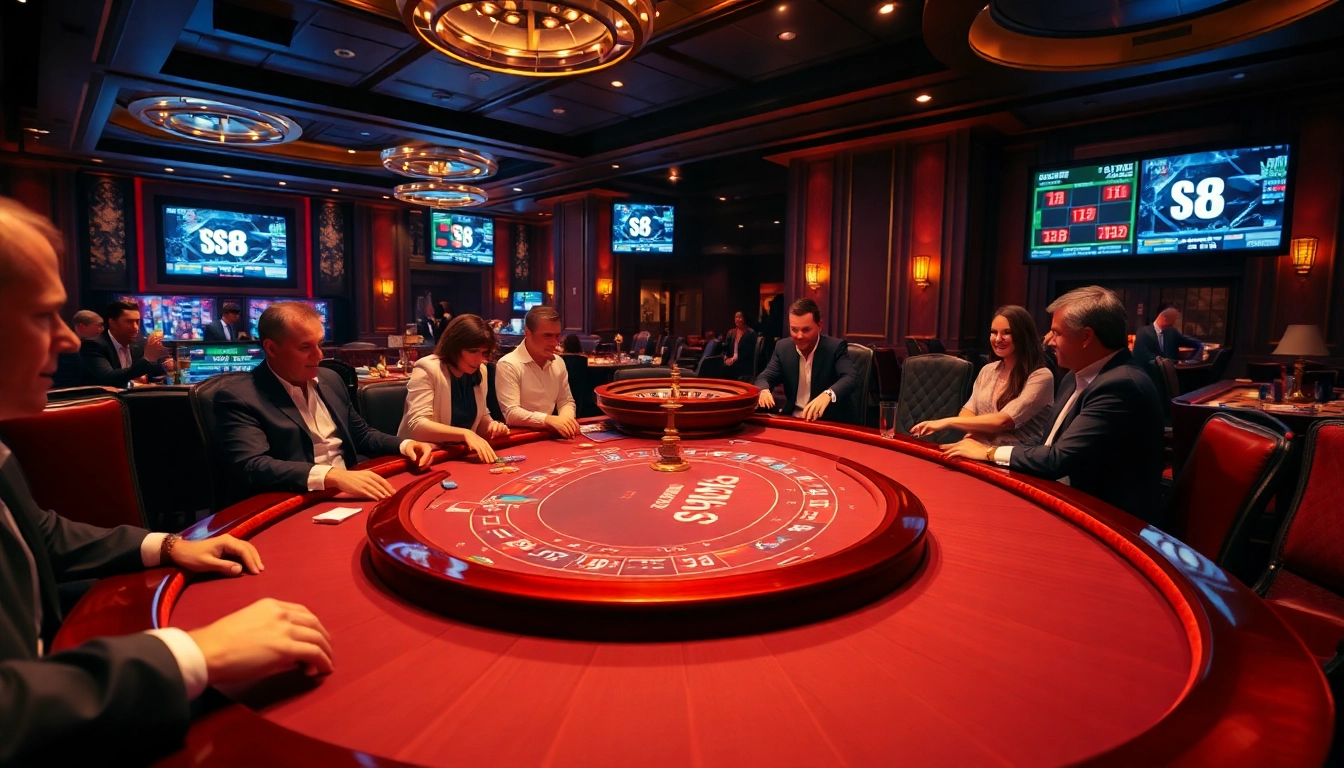 Exciting casino scene showcasing blackjack and roulette with S8 promotions.