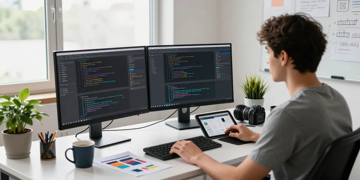 Developer using Snipaste in a modern workspace with dual monitors and coding elements.