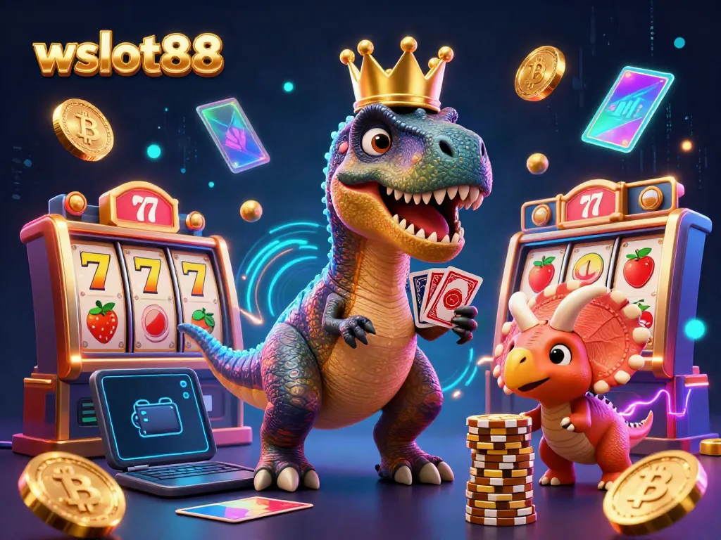 Permainan slot wslot888 dipandu oleh karakter lucu dinosaurus, menciptakan suasana kasino yang ceria.