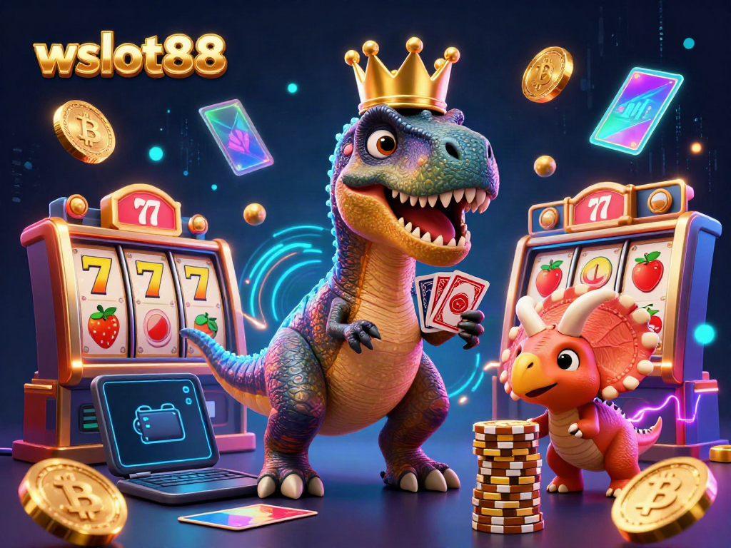 Permainan slot wslot888 dipandu oleh karakter lucu dinosaurus, menciptakan suasana kasino yang ceria.