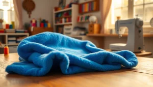 Fleece stof in een knusse naaistudio met kleurrijke garens en een naaimachine.