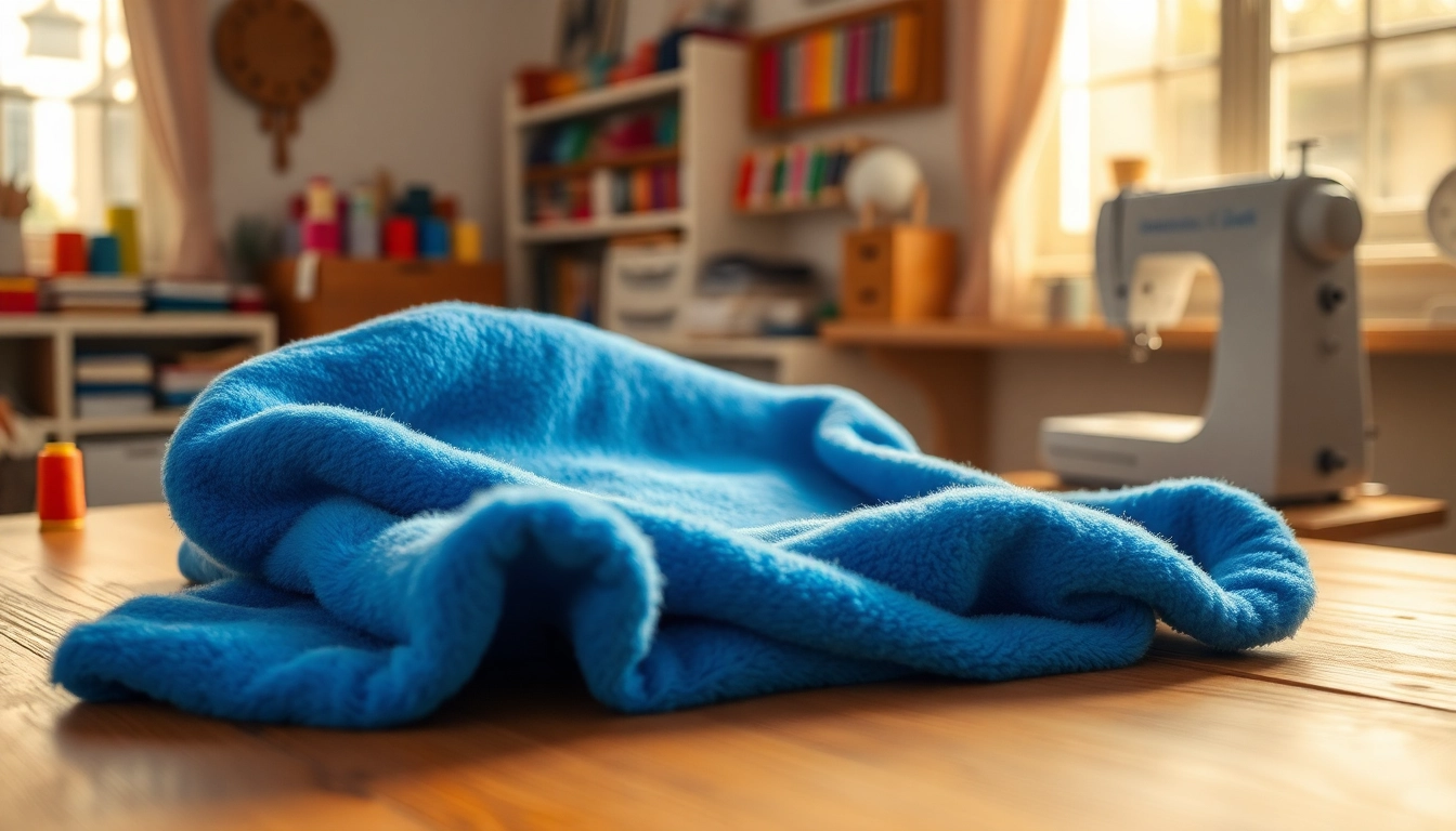 Fleece stof in een knusse naaistudio met kleurrijke garens en een naaimachine.