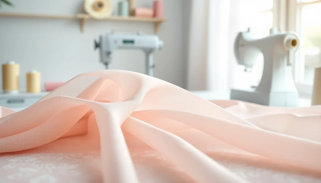 Mousseline stof met unieke patronen op een naai-tafel in een helder atelier.