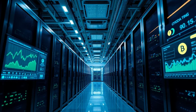 Advanced data center for top cloud mining operations showcasing high-tech equipment and cryptocurrency analytics.