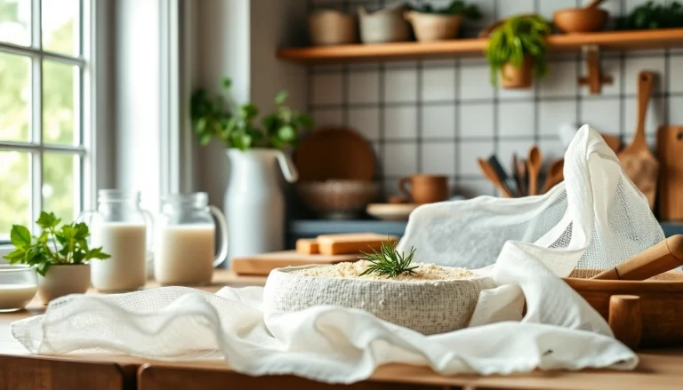 Kaasdoek gebruikt voor het maken van kaas in een rustieke keukenomgeving.