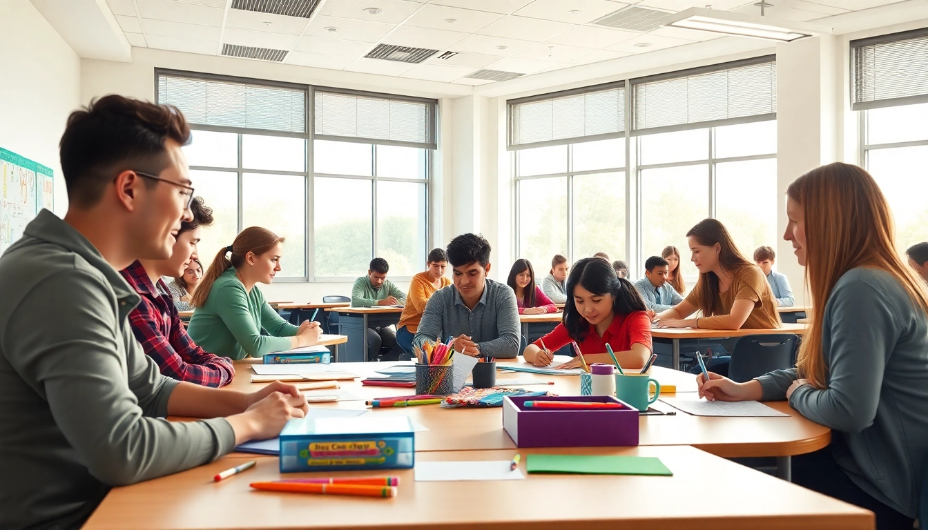 Engaging Education environment with students collaborating in a bright classroom.