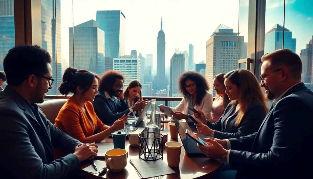 Professionals engaged in new york jobs search in a vibrant café setting with iconic skyline.