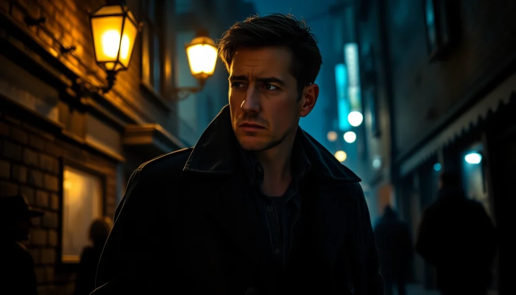 Detective navigating through an urban nightscape like Jack Reacher, offering a thrilling atmosphere.