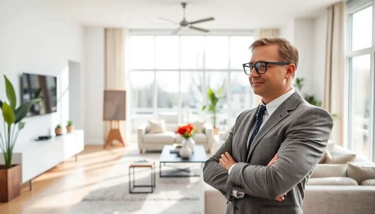 Real Estate agent showcases modern home interior with bright lighting and elegant decor.