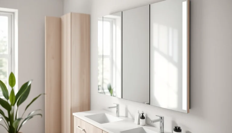 Spiegelschrank led mit modernem Design und beleuchtetem Spiegel im Badezimmer präsentieren