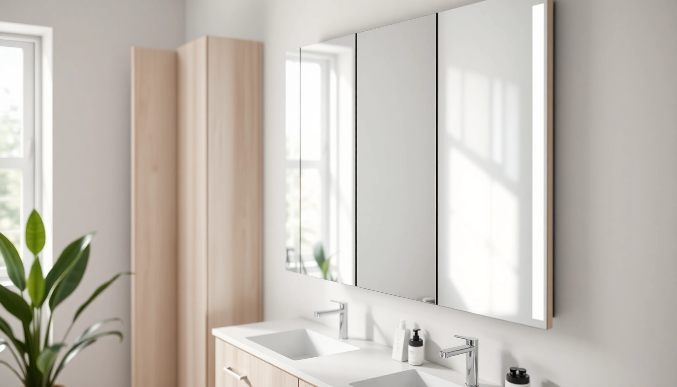 Spiegelschrank led mit modernem Design und beleuchtetem Spiegel im Badezimmer präsentieren