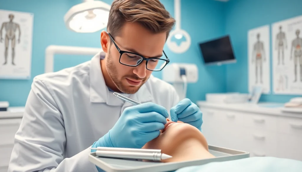 Dentist conducting an oral exam in a modern dental clinic, showcasing professionalism and care.