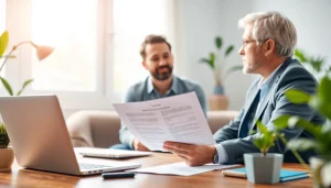 Engaging life insurance consultation showing agent presenting options to a couple.