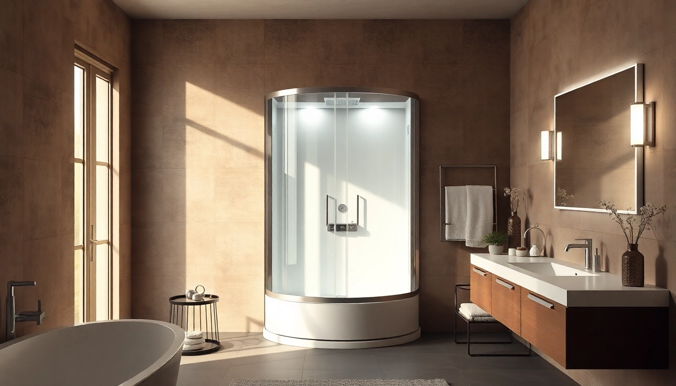 Afficher le miroir LED de salle de bain sur sirhona fr avec une cabine de douche moderne.