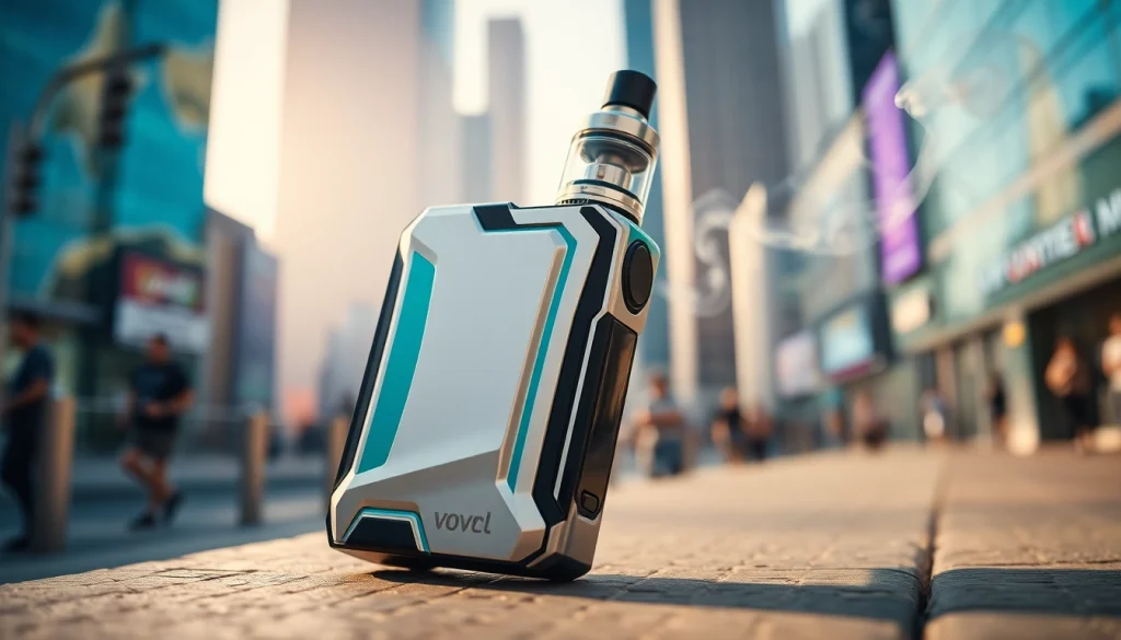Vorzol im Vordergrund eines modernen Stadtbilds zur eleganten Darbietung von Vaping.