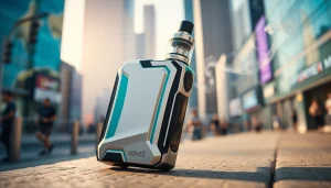 Vorzol im Vordergrund eines modernen Stadtbilds zur eleganten Darbietung von Vaping.
