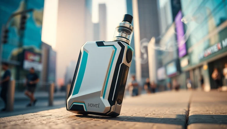 Vorzol im Vordergrund eines modernen Stadtbilds zur eleganten Darbietung von Vaping.