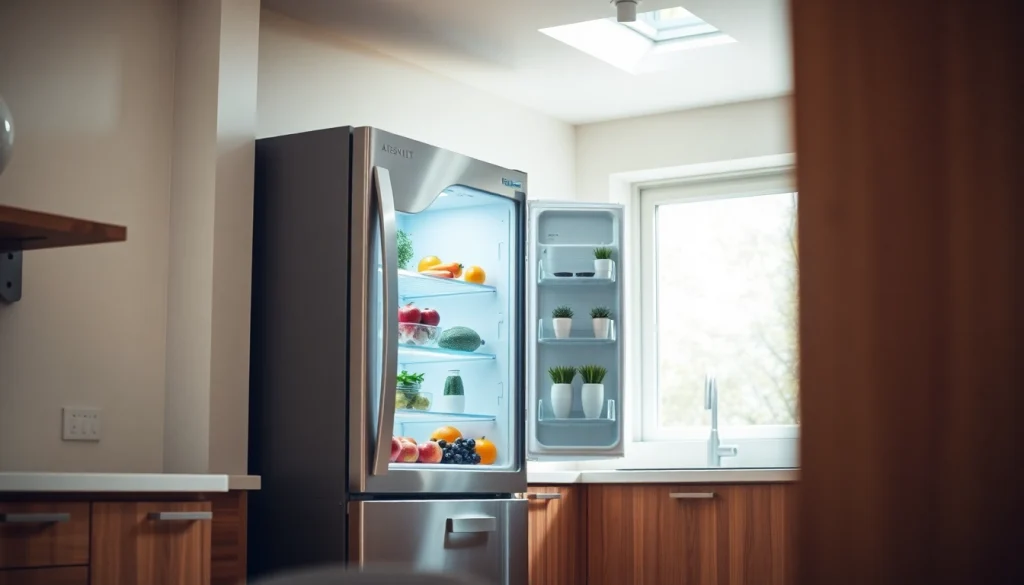 Stylish refrigerator filled with fresh produce in a modern kitchen setting