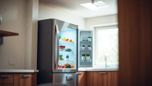 Stylish refrigerator filled with fresh produce in a modern kitchen setting