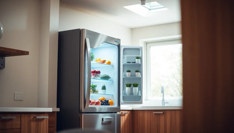 Stylish refrigerator filled with fresh produce in a modern kitchen setting