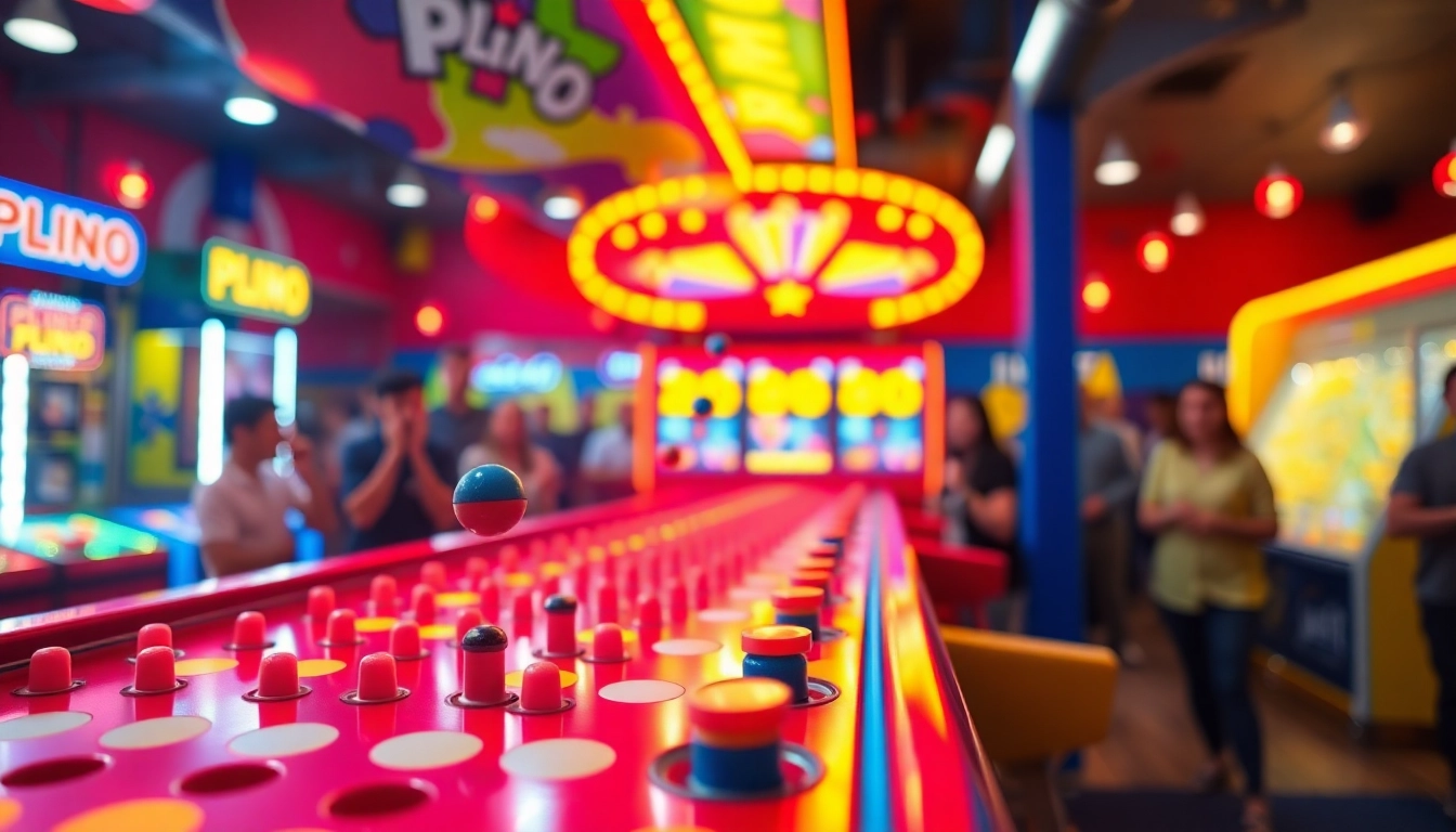 Main Plinko demo game display with colorful tokens dropping and lively arcade background.