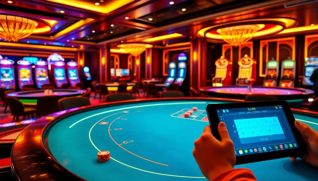 Experience the excitement of ev88 with vibrant casino tables featuring poker chips and roulette wheels.