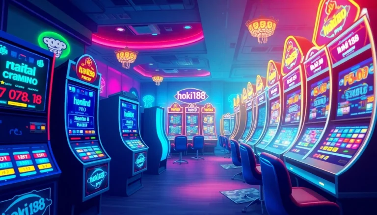 Experience the thrill of hoki138 pro in a vibrant online casino setting with dazzling slot machines and dynamic lighting.