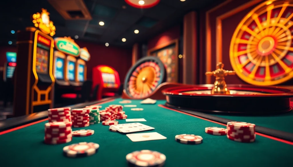 Experience the thrill of ga6789 with immersive online gambling visuals, showcasing poker chips, slots, and roulette.
